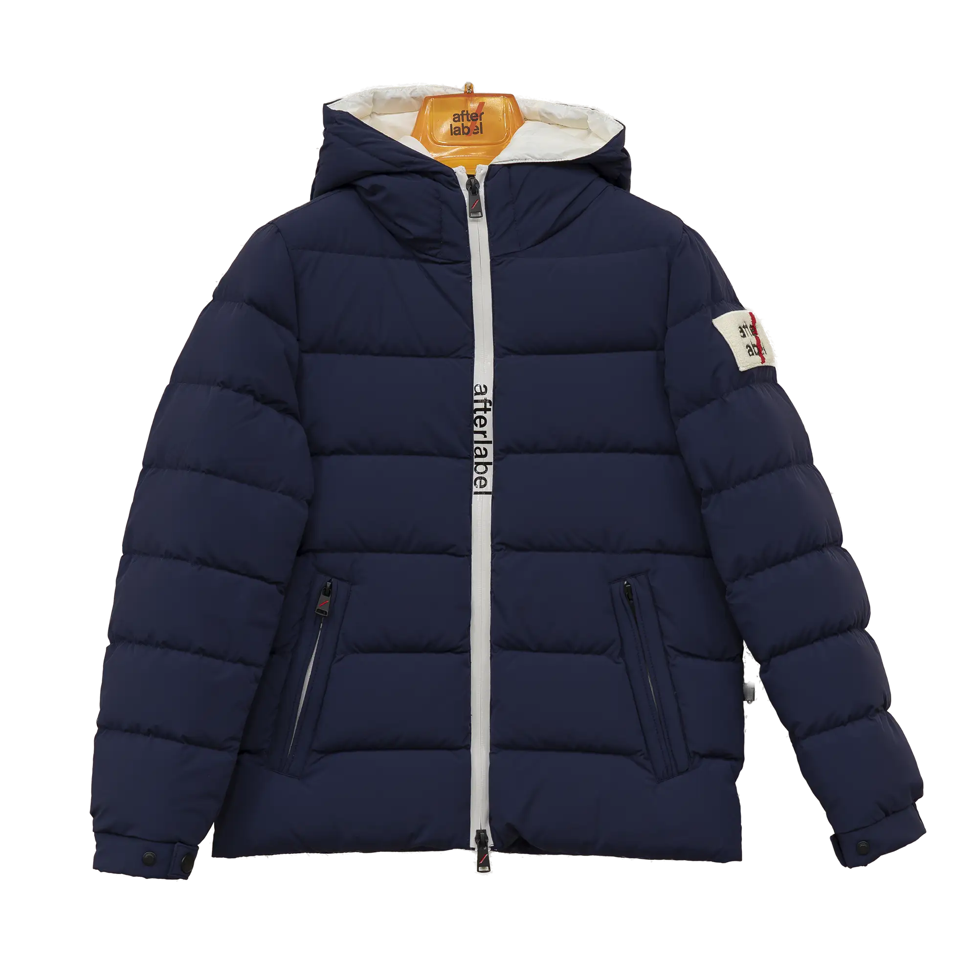 piumino blu con cappuccio